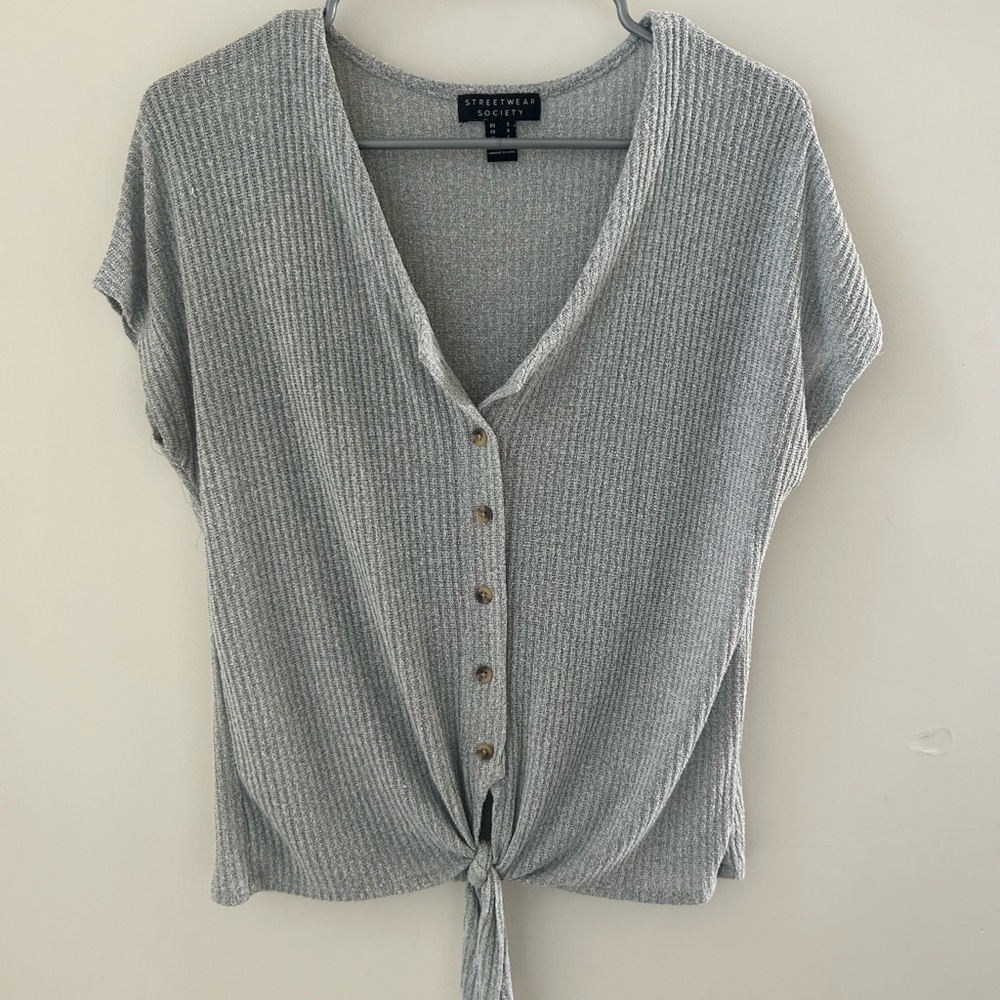 Gray Button-Down Tie-Front Top